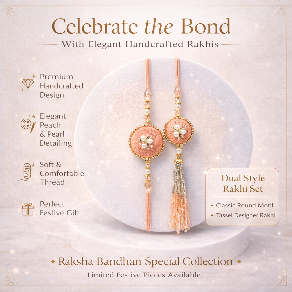 Handcrafted Peach Silk & Pearl Bhaiya Bhabhi Rakhi Set