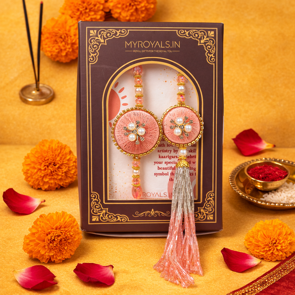 Handcrafted Peach Silk & Pearl Bhaiya Bhabhi Rakhi Set