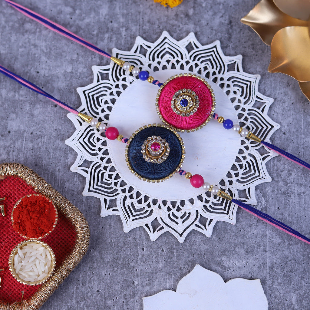 Set of 2 Royal Silk Thread Lumba Rakhi with Handcrafted Puja Thali