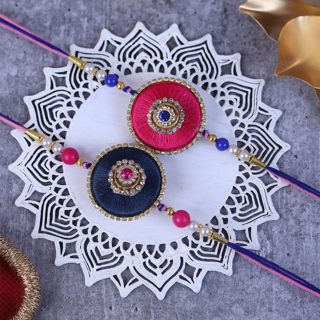Set of 2 Royal Silk Thread Lumba Rakhi with Handcrafted Puja Thali