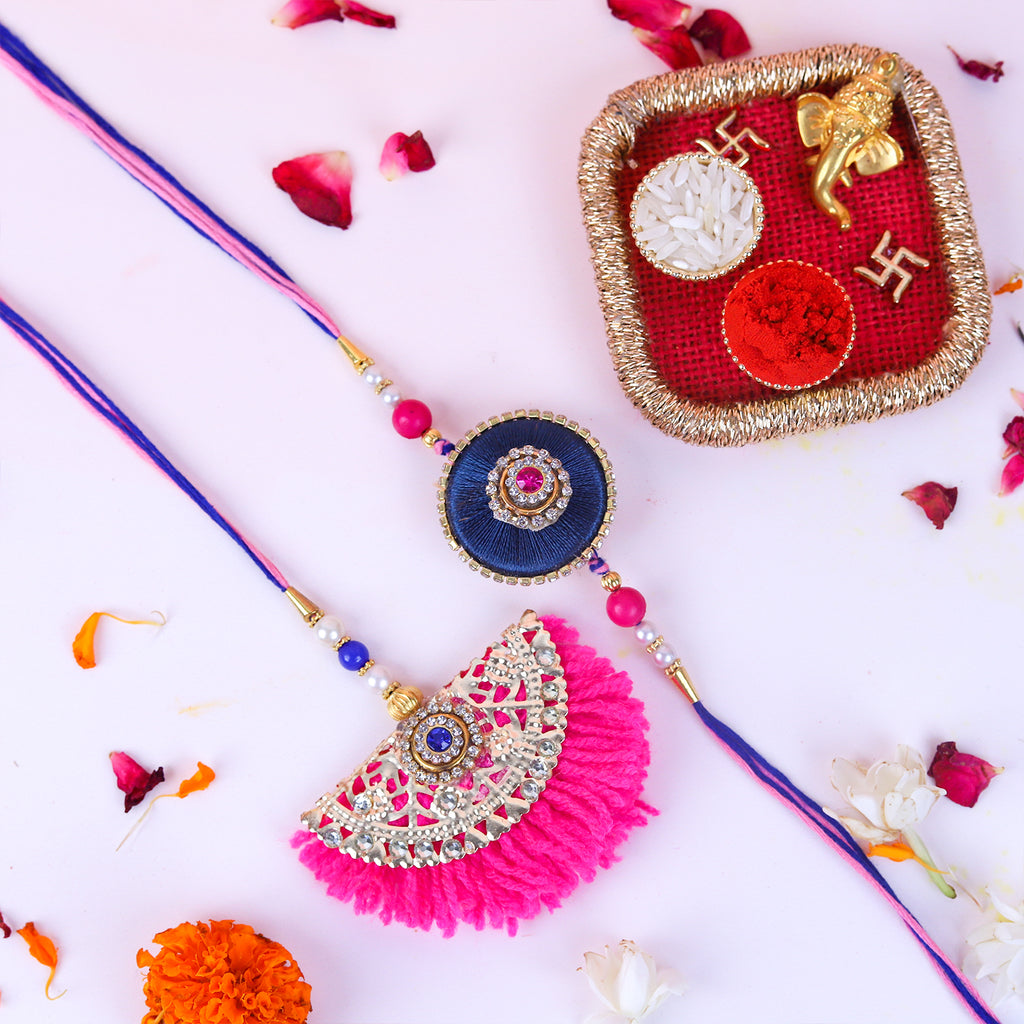 Navy & Bright Pink Bhaiya Bhabhi Rakhi Set with Designer Lumba and Ganesha Thali