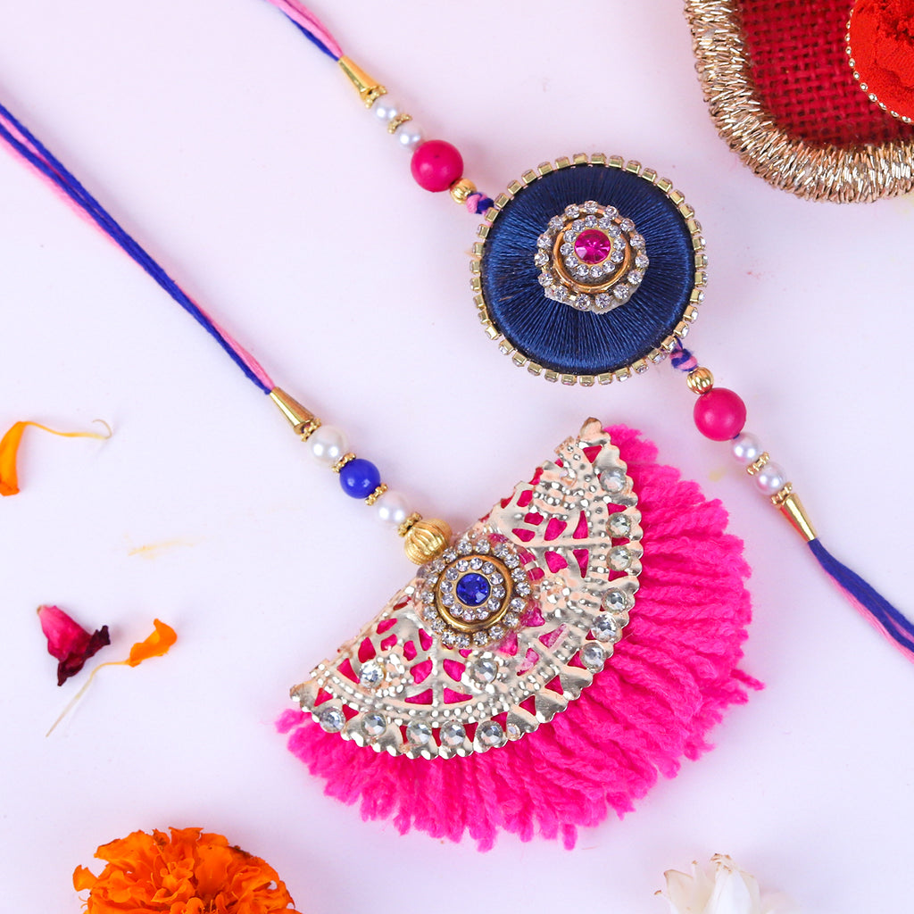 Navy & Bright Pink Bhaiya Bhabhi Rakhi Set with Designer Lumba and Ganesha Thali