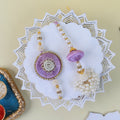 Handcrafted Lilac Silk & Pearl Bhaiya Bhabhi Rakhi Set with Designer Lumba, Roli-Chawal & Greeting Card