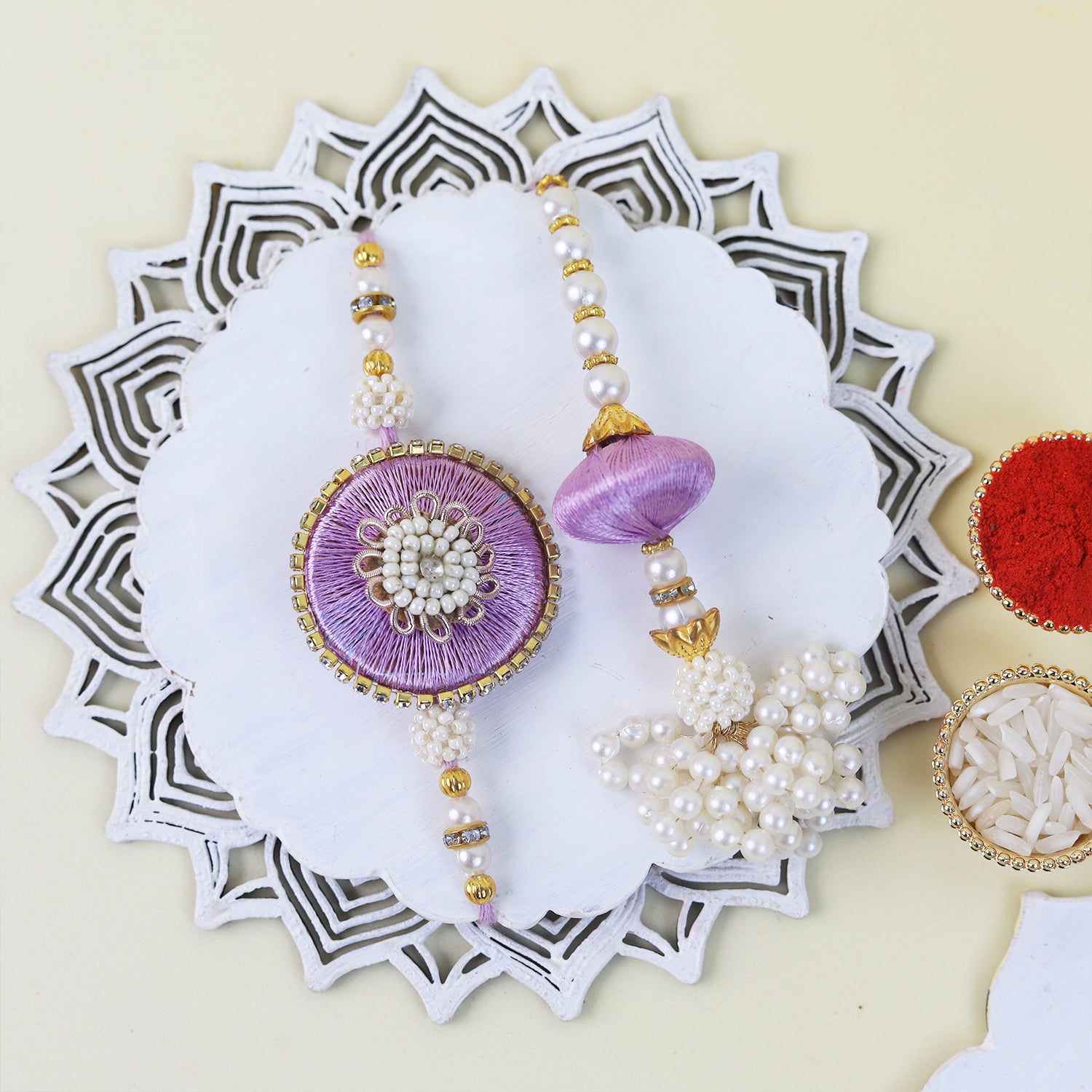 Handcrafted Lilac Silk & Pearl Bhaiya Bhabhi Rakhi Set with Designer Lumba, Roli-Chawal & Greeting Card