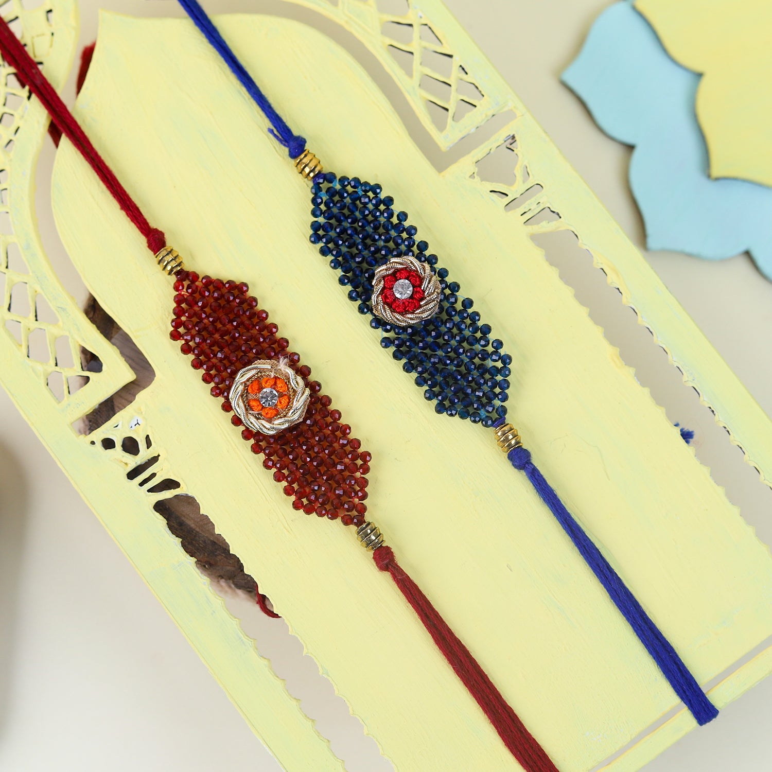 Premium Set of 2 Handcrafted Beaded Loom Rakhis with Designer Puja Thali