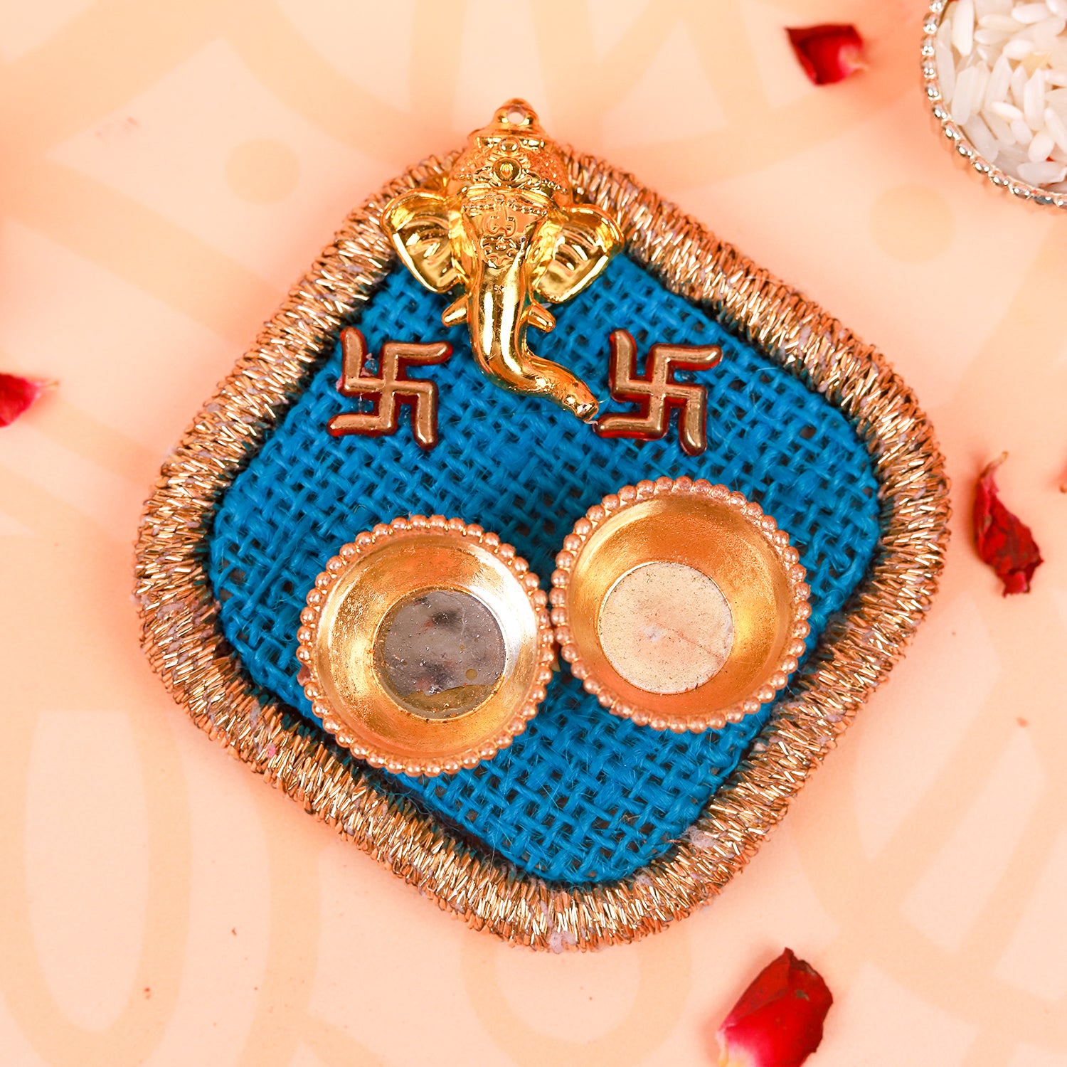 Premium Set of 2 Handcrafted Beaded Loom Rakhis with Designer Puja Thali