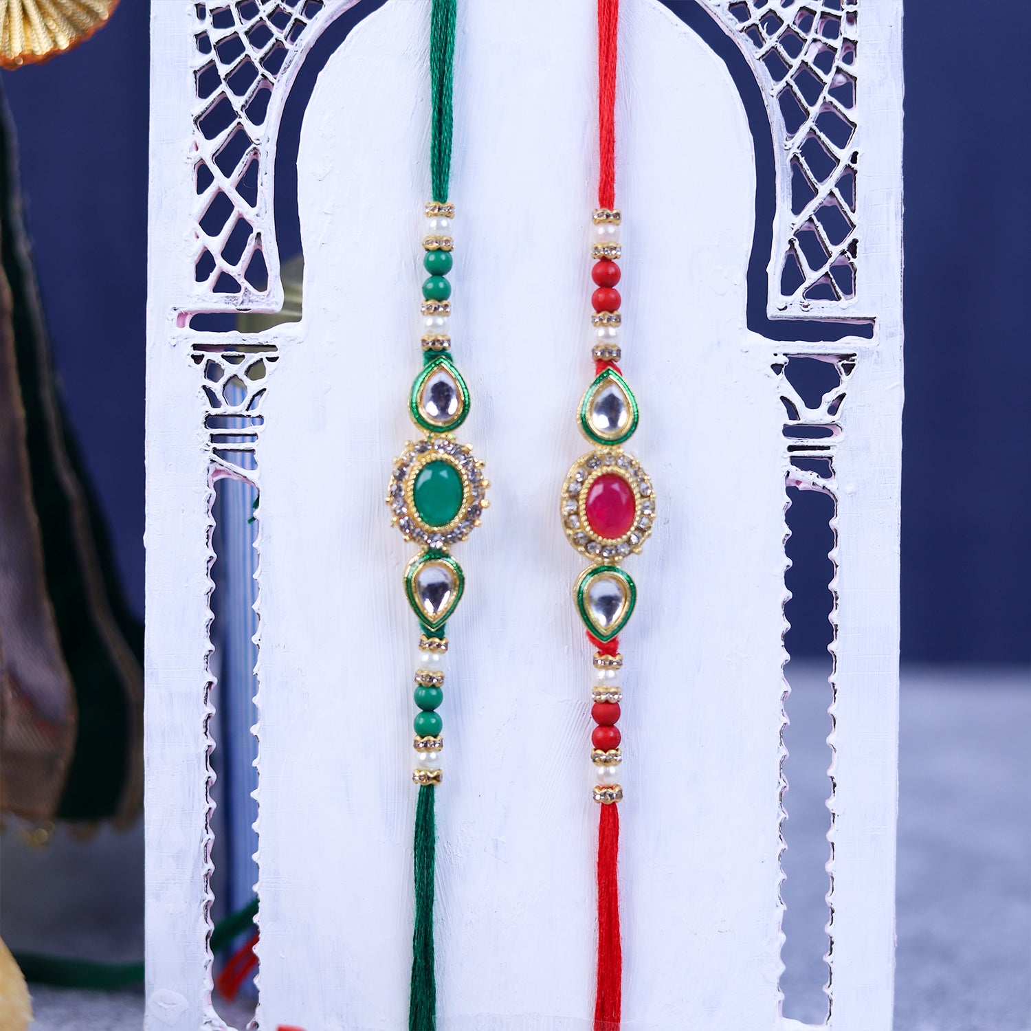 Set of 2 Premium Kundan & Meenakari Rakhi with Handcrafted Puja Thali