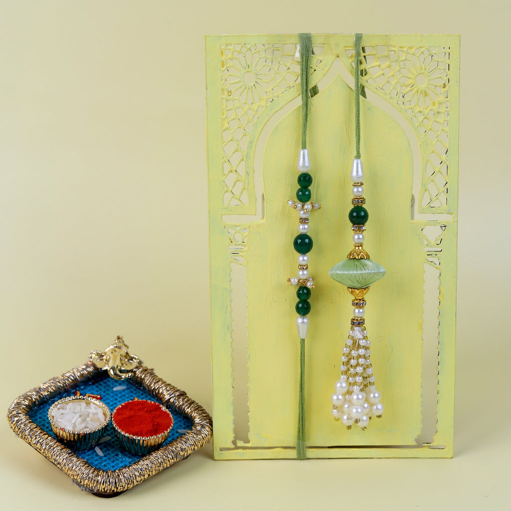 Handcrafted Sage Green Lumba Rakhi Set with Designer Roli Chawal Thal - Premium Raksha Bandhan Gift Box
