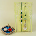 Handcrafted Sage Green Lumba Rakhi Set with Designer Roli Chawal Thal - Premium Raksha Bandhan Gift Box