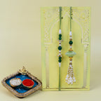 Handcrafted Sage Green Lumba Rakhi Set with Designer Roli Chawal Thal - Premium Raksha Bandhan Gift Box