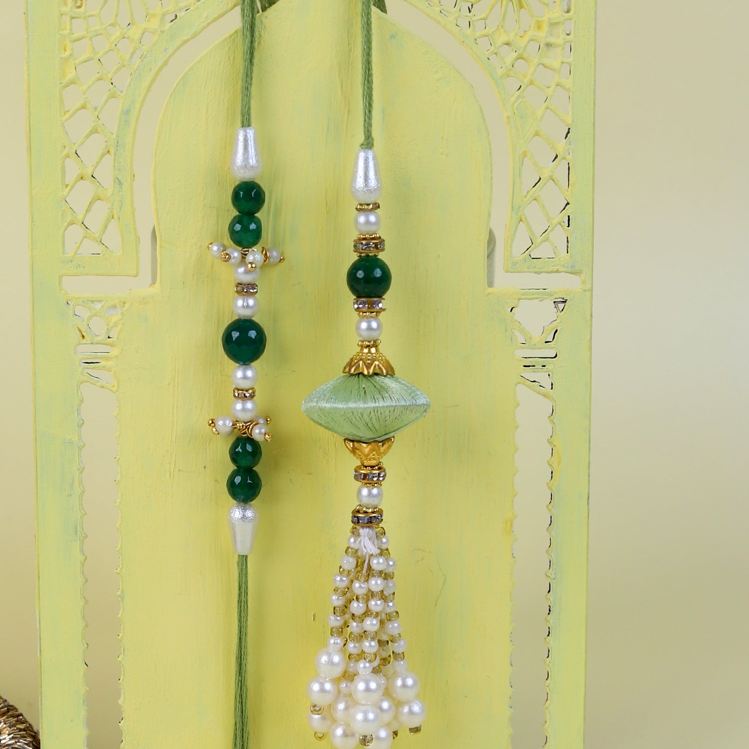 Handcrafted Sage Green Lumba Rakhi Set with Designer Roli Chawal Thal - Premium Raksha Bandhan Gift Box