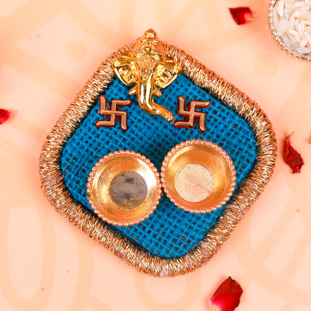 Handcrafted Sage Green Lumba Rakhi Set with Designer Roli Chawal Thal - Premium Raksha Bandhan Gift Box