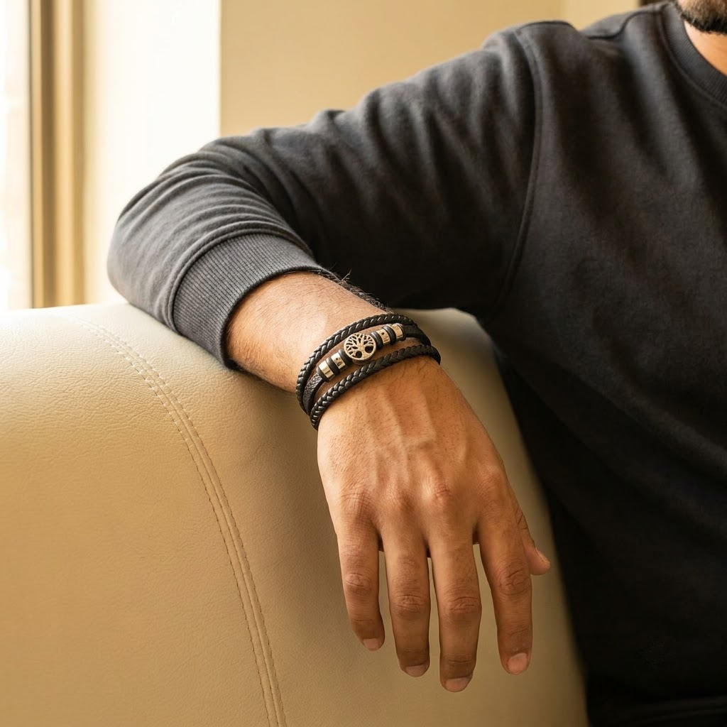 American Style Genuine Leather Multi-Layer Braided Bracelet with Stainless Steel Magnetic Buckle for Men & Boys