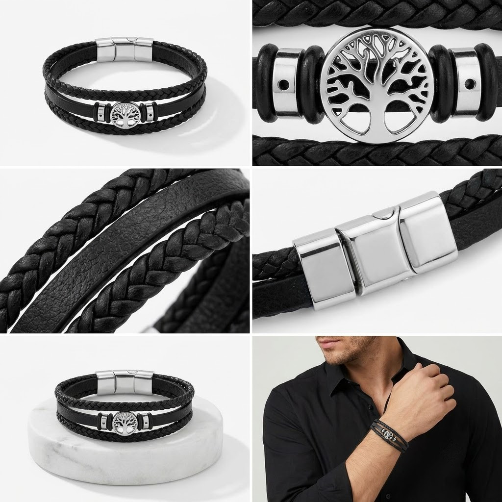 American Style Genuine Leather Multi-Layer Braided Bracelet with Stainless Steel Magnetic Buckle for Men & Boys