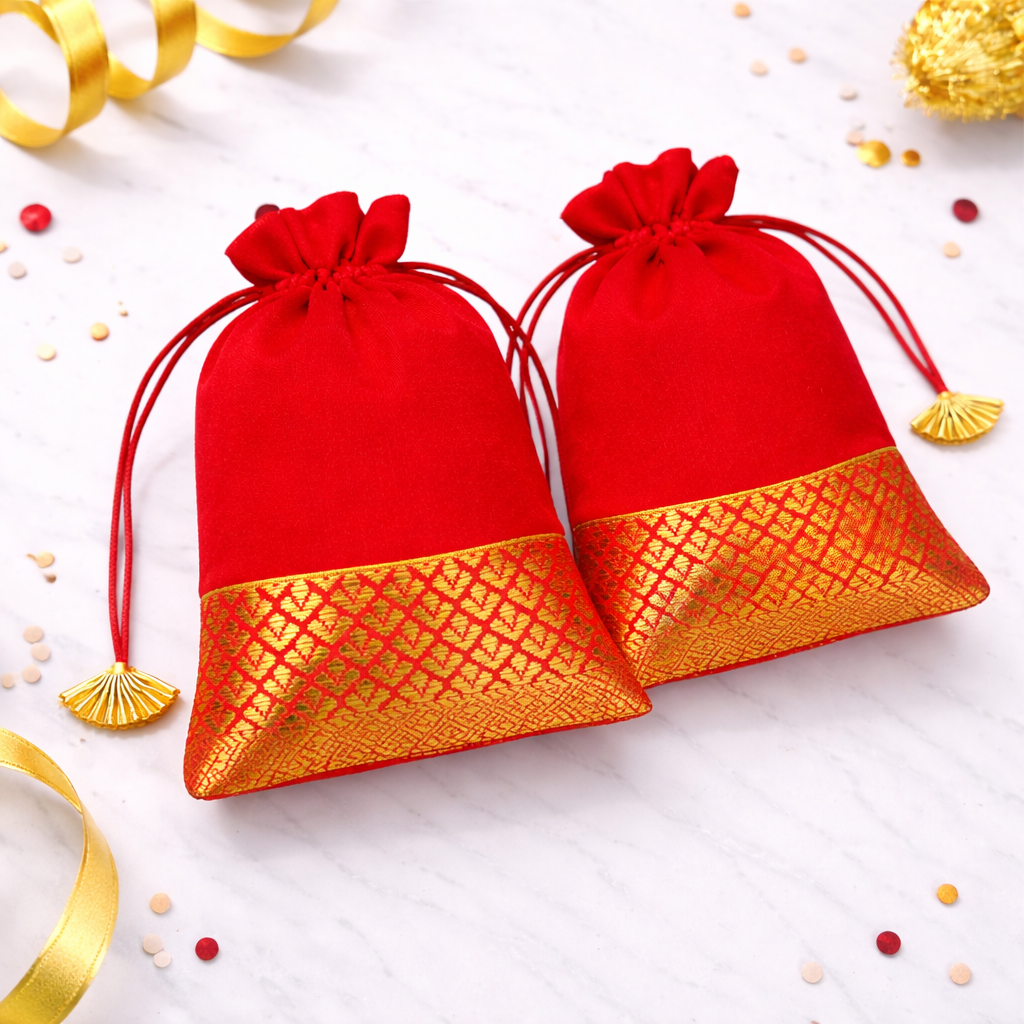 Premium Designer Red & Gold Potli Bag Set of 2