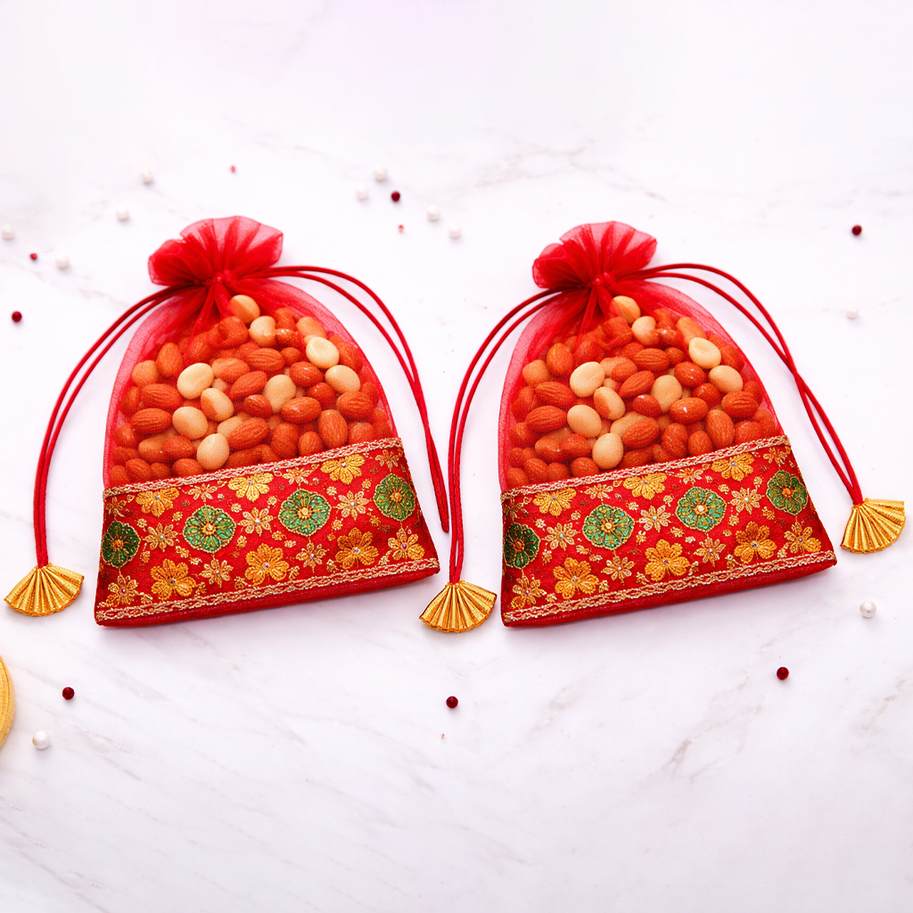 Premium Designer Net Potli Bag Set of 2 with Dry Fruits