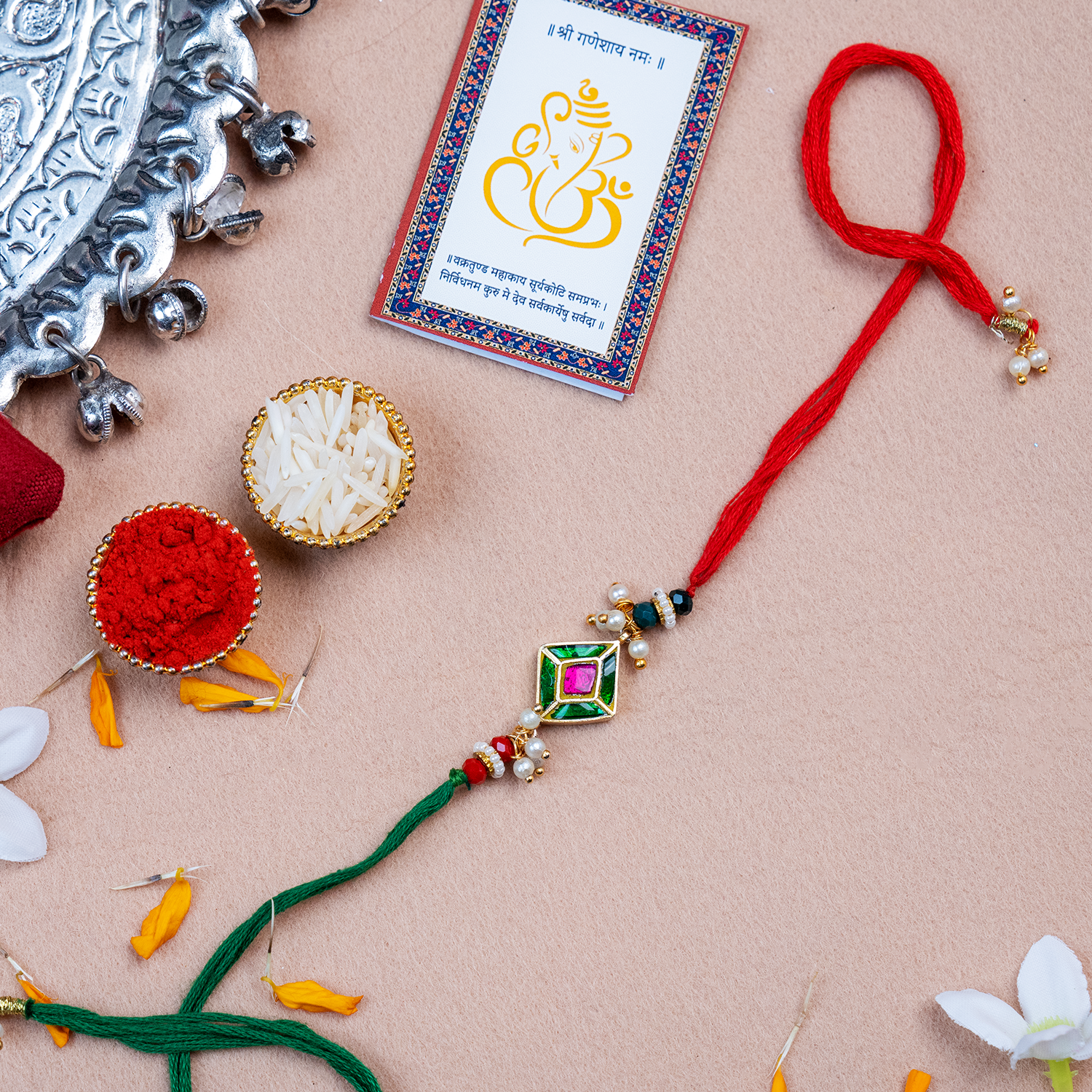 Sacred Silver Meenakari Square Rakhi – Traditional Handcrafted Designer Thread for Brother