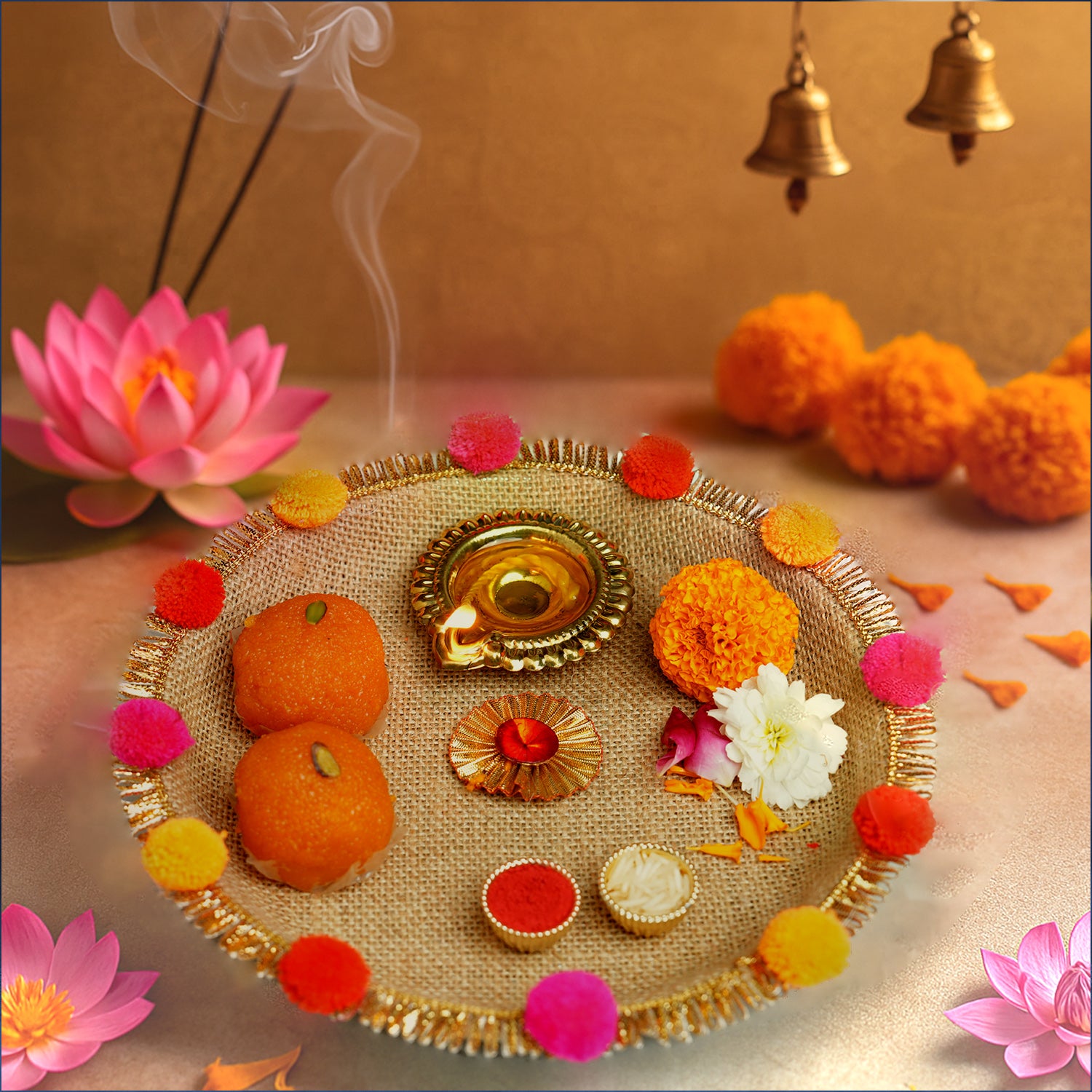 Handcrafted Jute Floral Bhai Dooj Thali Set – Sacred Mauli Thread (8-Inch)