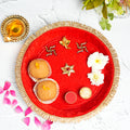 Royal Red Velvet Bhai Dooj Thali Set – Handcrafted with Ganesha, Swastik Motifs & Golden Lace (Includes Roli-Chawal)