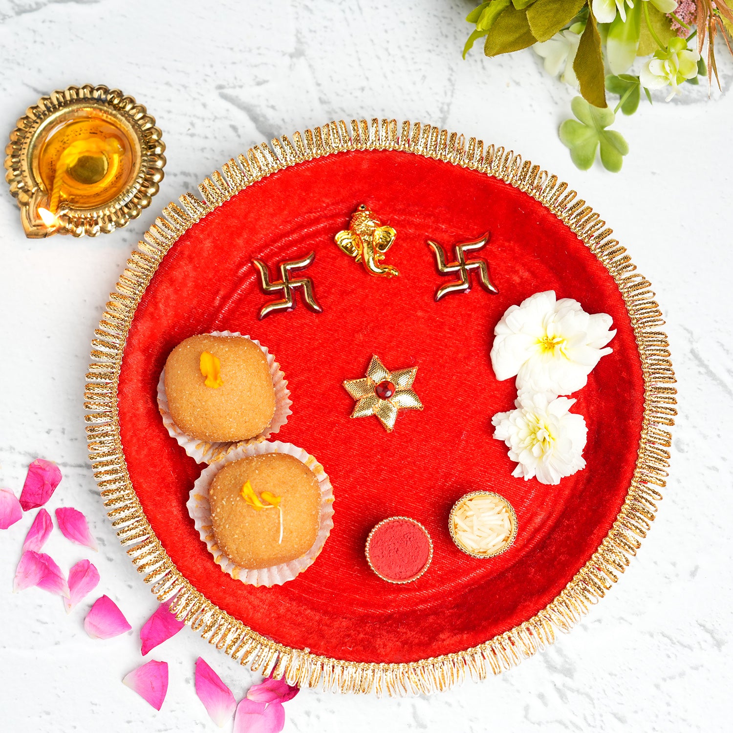 Royal Red Velvet Bhai Dooj Thali Set – Handcrafted with Ganesha, Swastik Motifs & Golden Lace (Includes Roli-Chawal)