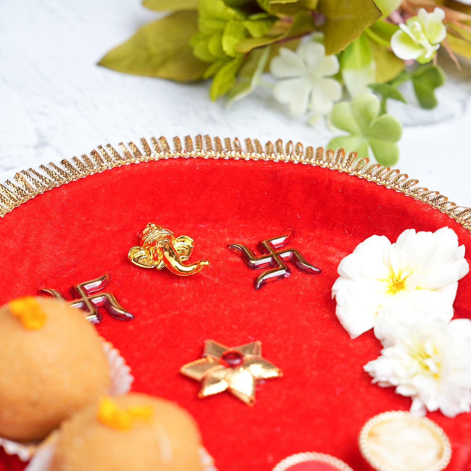 Royal Red Velvet Bhai Dooj Thali Set – Handcrafted with Ganesha, Swastik Motifs & Golden Lace (Includes Roli-Chawal)
