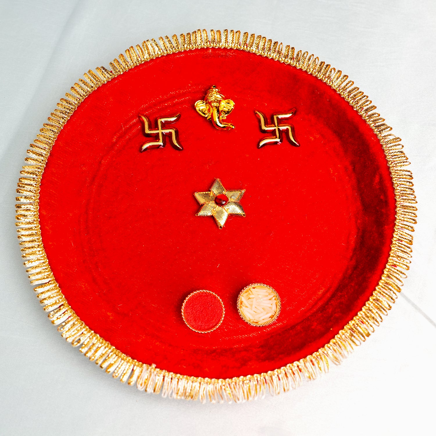 Royal Red Velvet Bhai Dooj Thali Set – Handcrafted with Ganesha, Swastik Motifs & Golden Lace (Includes Roli-Chawal)
