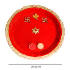 Royal Red Velvet Bhai Dooj Thali Set – Handcrafted with Ganesha, Swastik Motifs & Golden Lace (Includes Roli-Chawal)