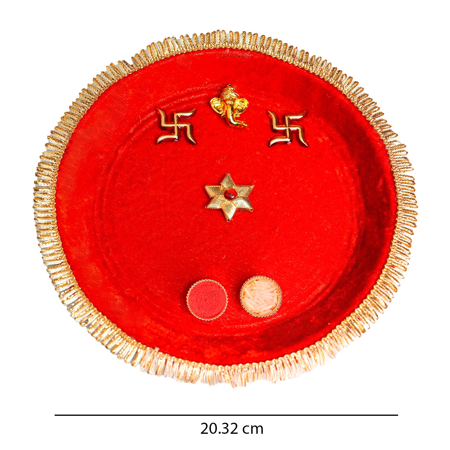 Royal Red Velvet Bhai Dooj Thali Set – Handcrafted with Ganesha, Swastik Motifs & Golden Lace (Includes Roli-Chawal)