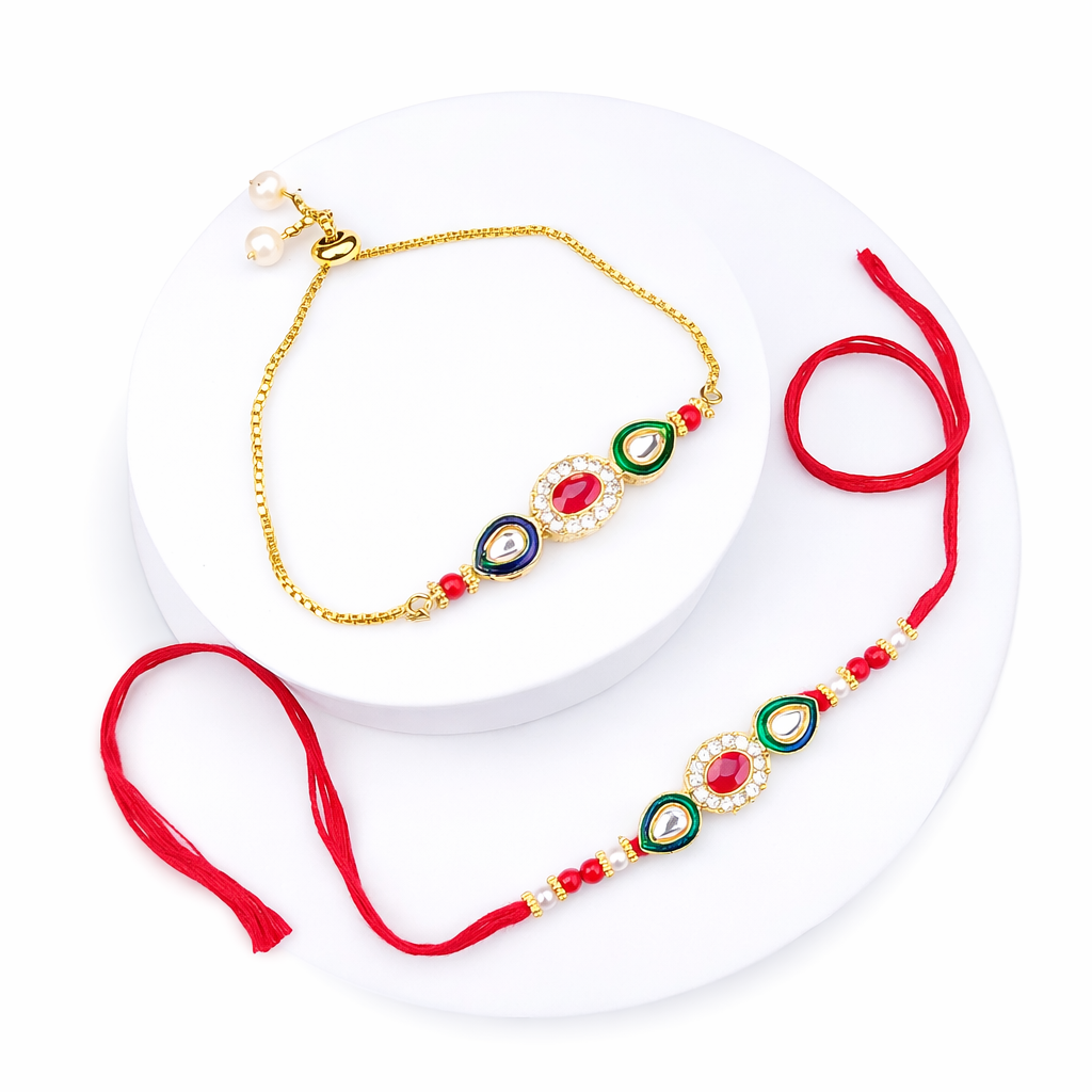 Red Green Kundan Bhaiya Bhabhi Bracelet Set
