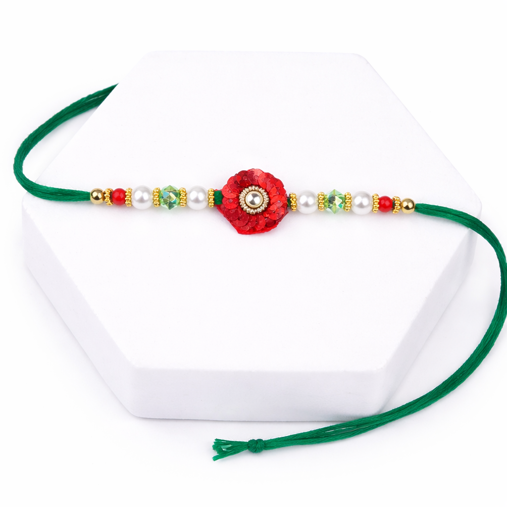 Red Sequin Floral Single Rakhi