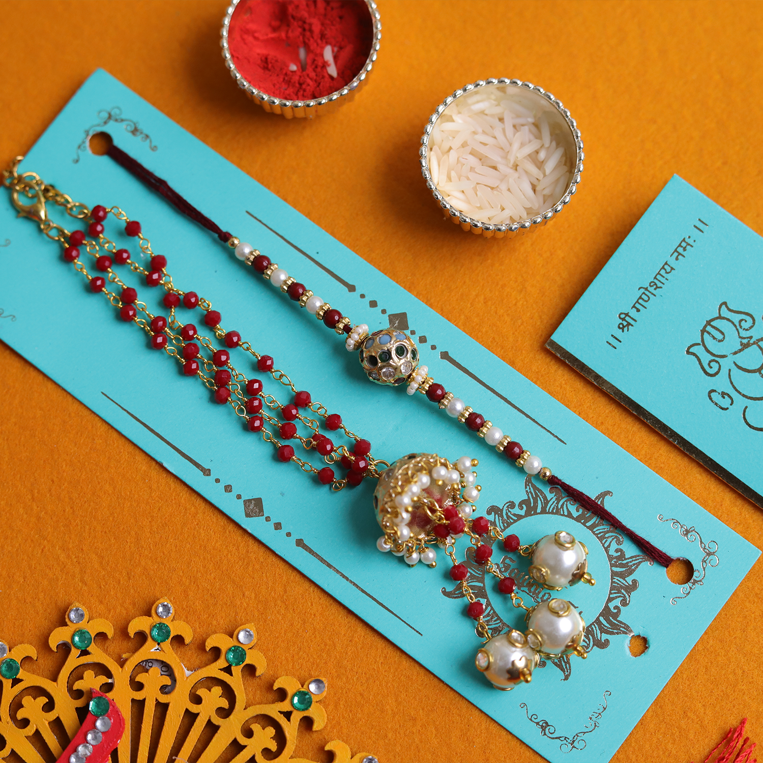 Handcrafted Bhaiya Bhabhi Rakhi Set – Royal Maroon & Pearl Combo with Roli-Chawal