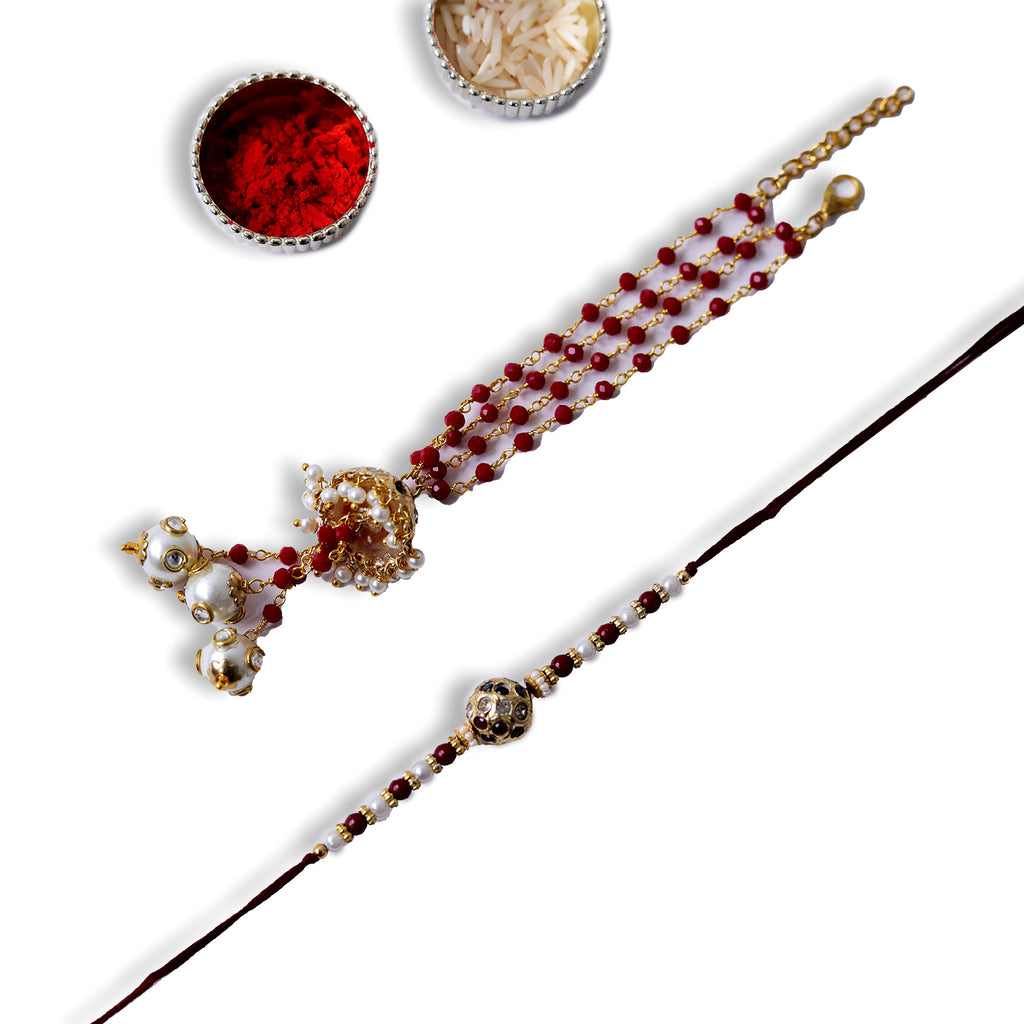 Handcrafted Bhaiya Bhabhi Rakhi Set – Royal Maroon & Pearl Combo with Roli-Chawal