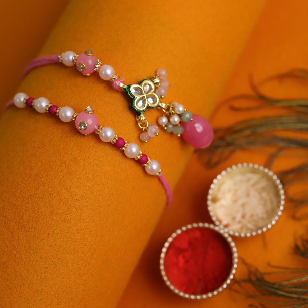 Exquisite Bhaiya Bhabhi Rakhi Set – Handcrafted Pearl & Kundan Collection