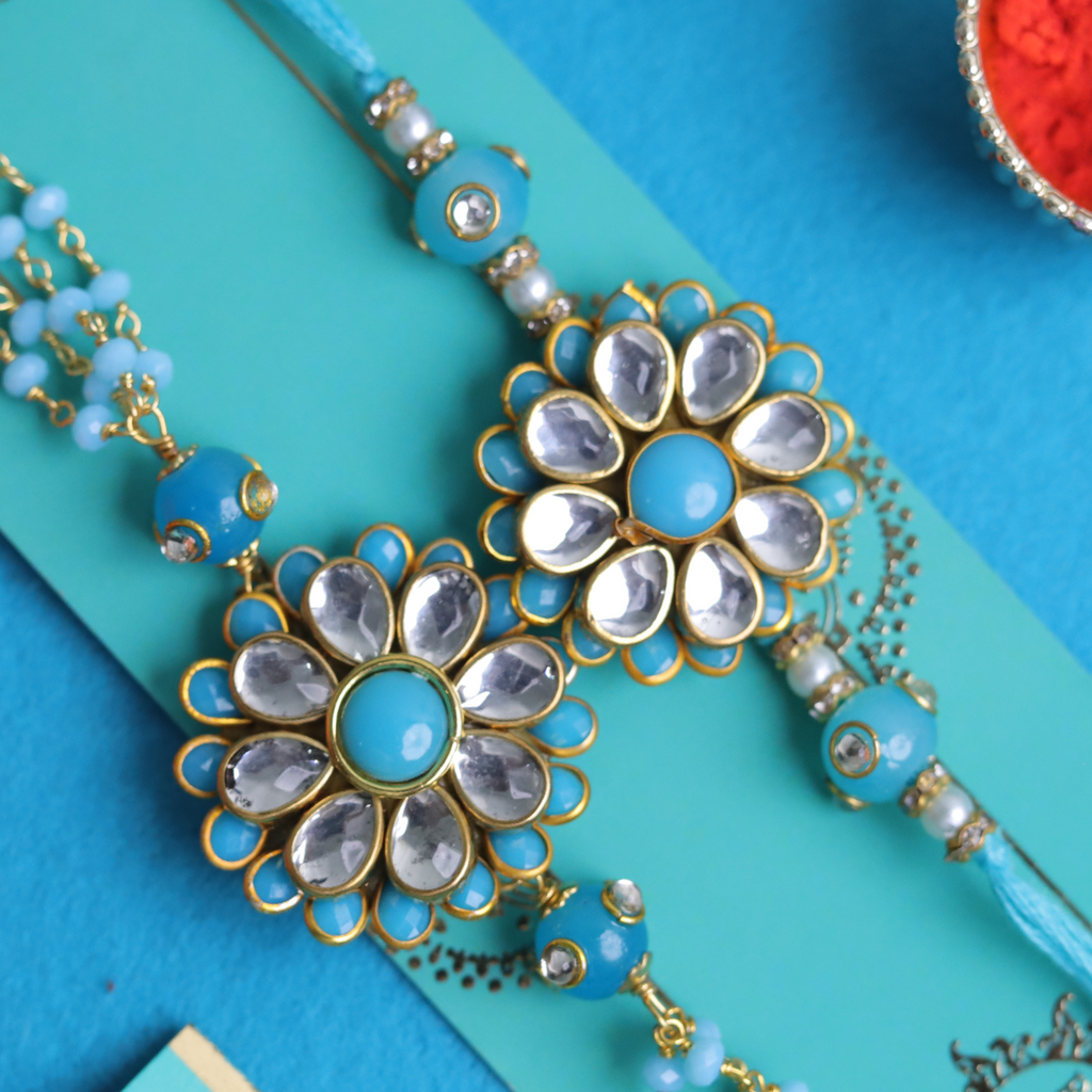 Handcrafted Turquoise Bhaiya Bhabhi Rakhi Set – Floral Kundan Couple Collection