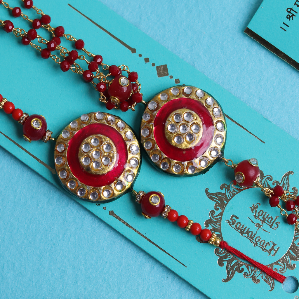 Royal Red Kundan Bhaiya Bhabhi Rakhi Set – Handcrafted Couple Collection