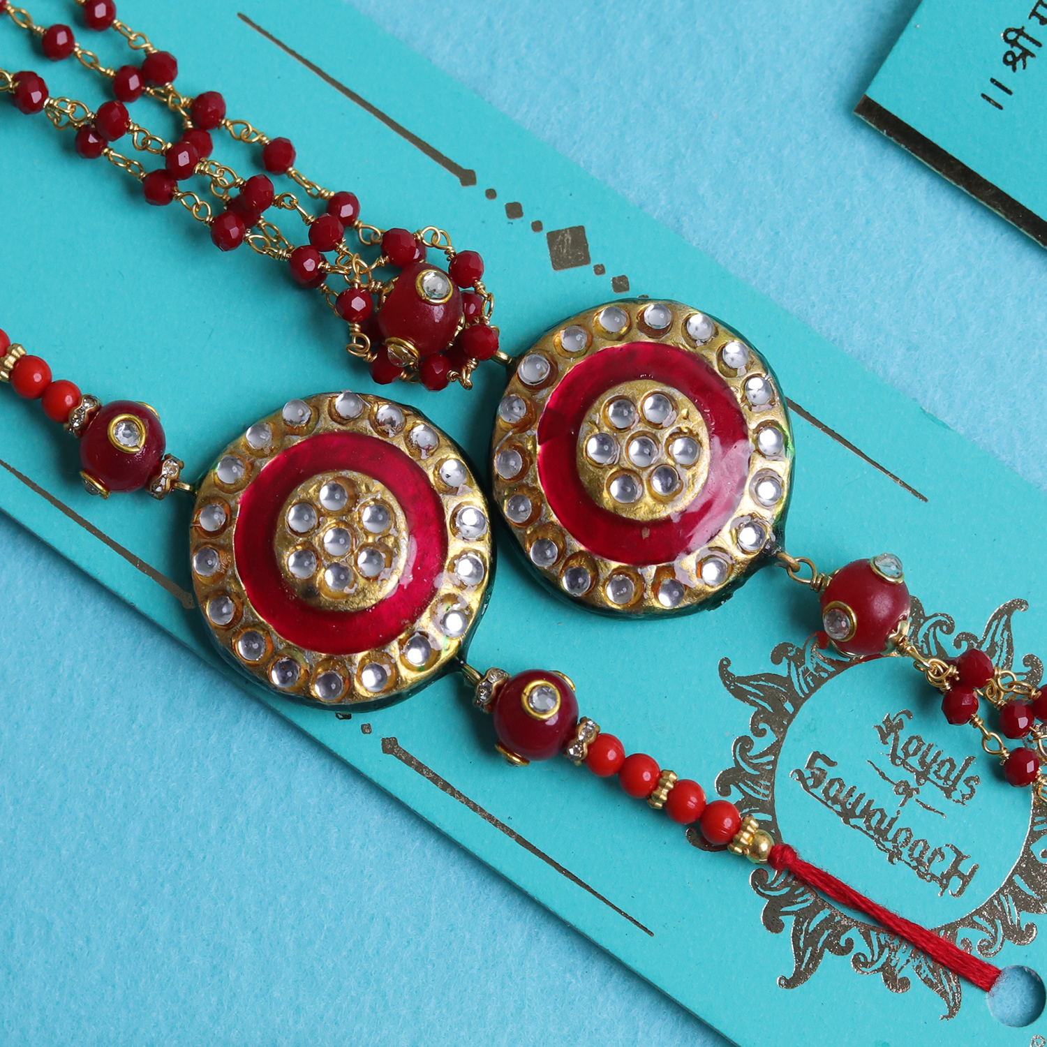 Royal Red Kundan Bhaiya Bhabhi Rakhi Set – Handcrafted Couple Collection
