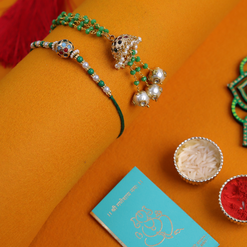 Exquisite Green & Pearl Bhaiya Bhabhi Rakhi Set – Handcrafted Jhumka Collection