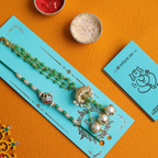 Exquisite Green & Pearl Bhaiya Bhabhi Rakhi Set – Handcrafted Jhumka Collection