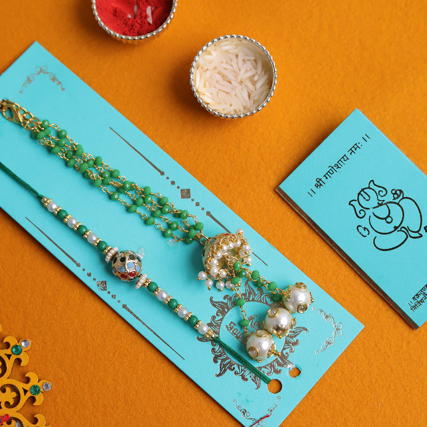 Exquisite Green & Pearl Bhaiya Bhabhi Rakhi Set – Handcrafted Jhumka Collection