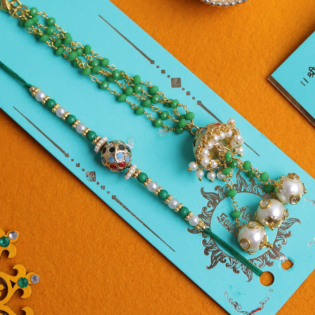 Exquisite Green & Pearl Bhaiya Bhabhi Rakhi Set – Handcrafted Jhumka Collection