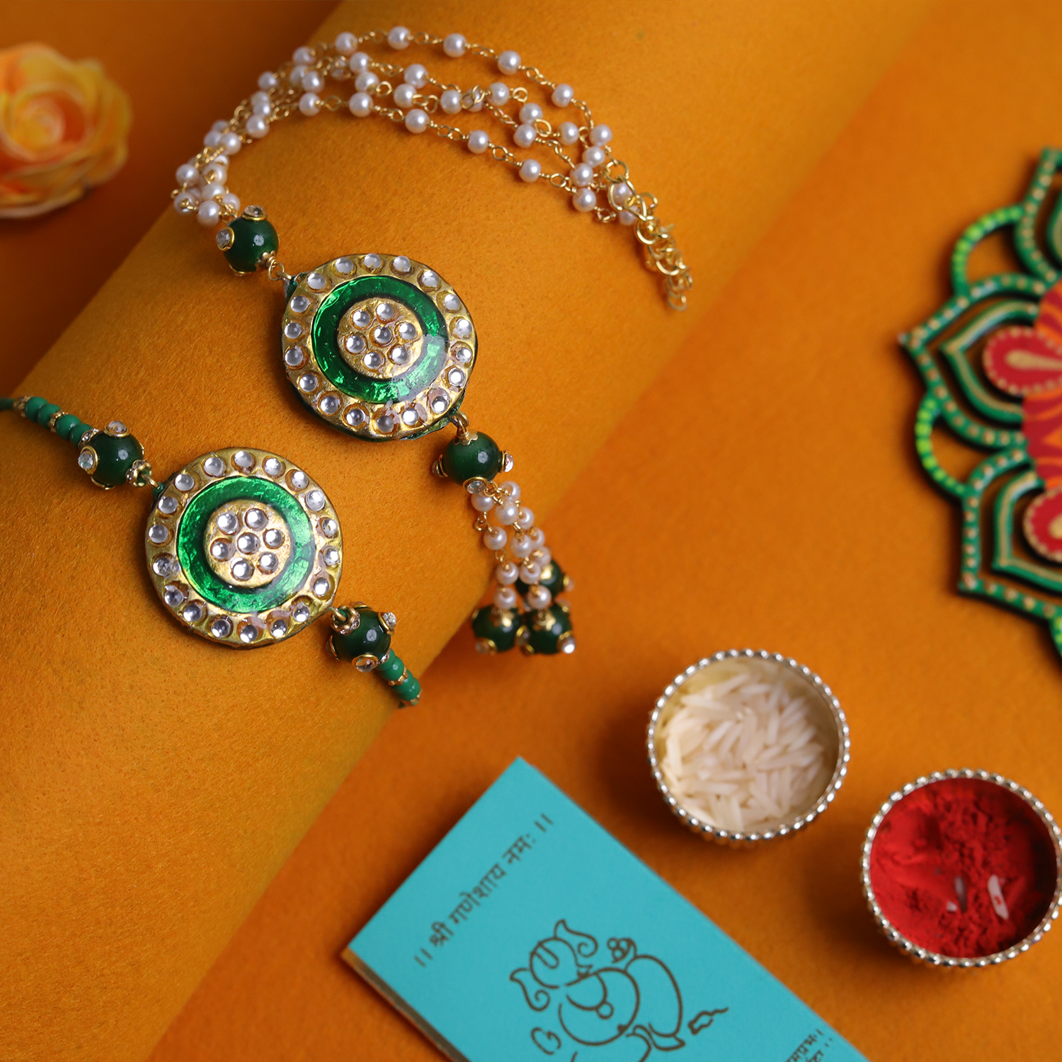 Royal Red Kundan Bhaiya Bhabhi Rakhi Set – Handcrafted Traditional Couple Collection