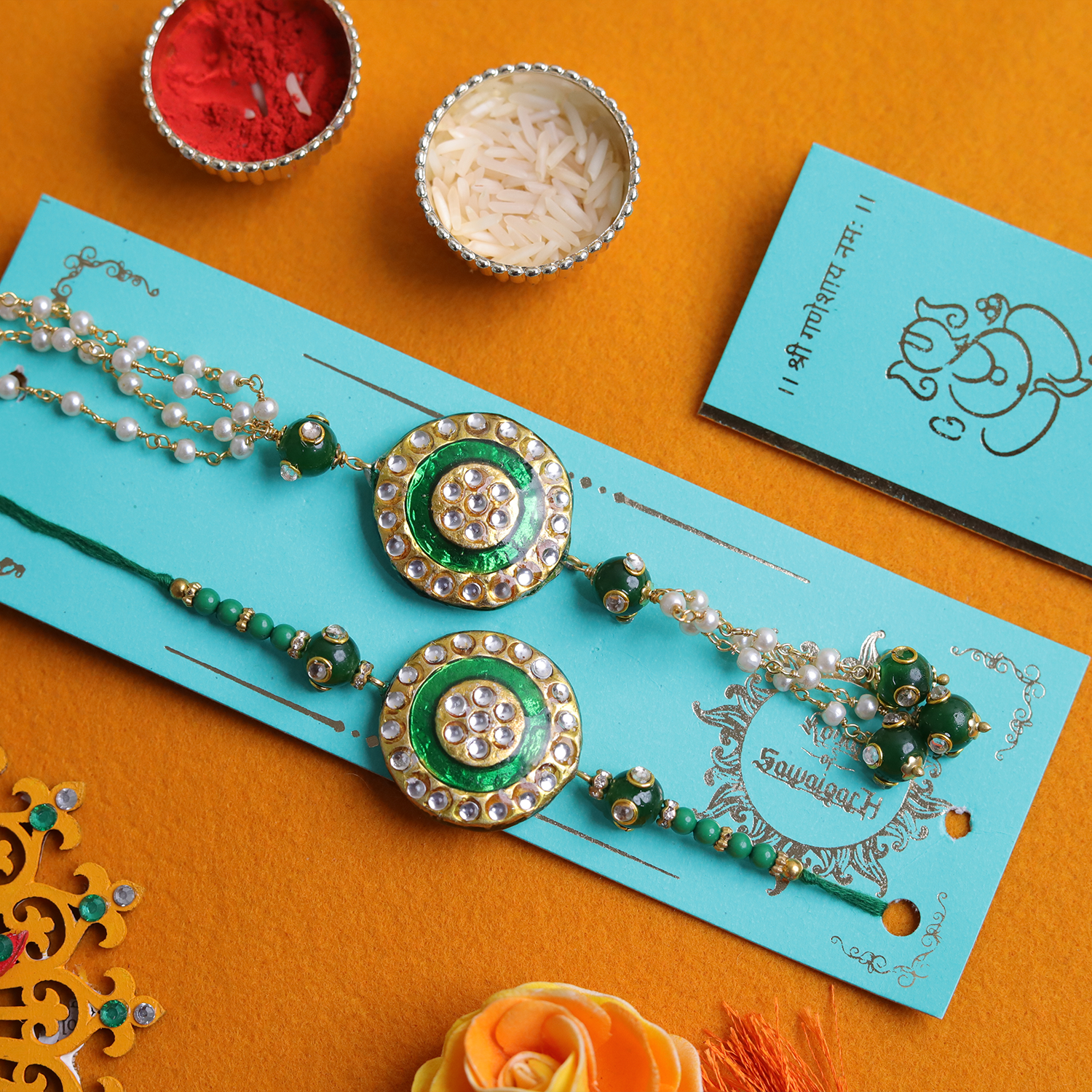 Royal Red Kundan Bhaiya Bhabhi Rakhi Set – Handcrafted Traditional Couple Collection