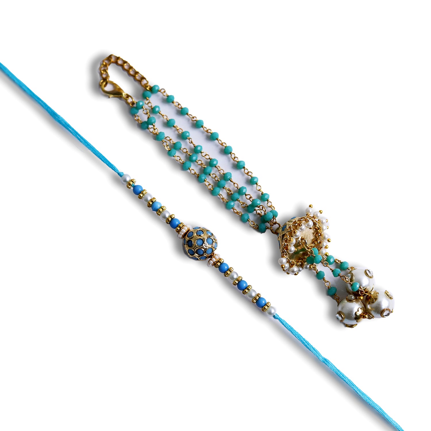Turquoise Beaded Bhaiya Bhabhi Rakhi Set – Handcrafted Traditional Couple Collection