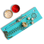 Turquoise Beaded Bhaiya Bhabhi Rakhi Set – Handcrafted Traditional Couple Collection