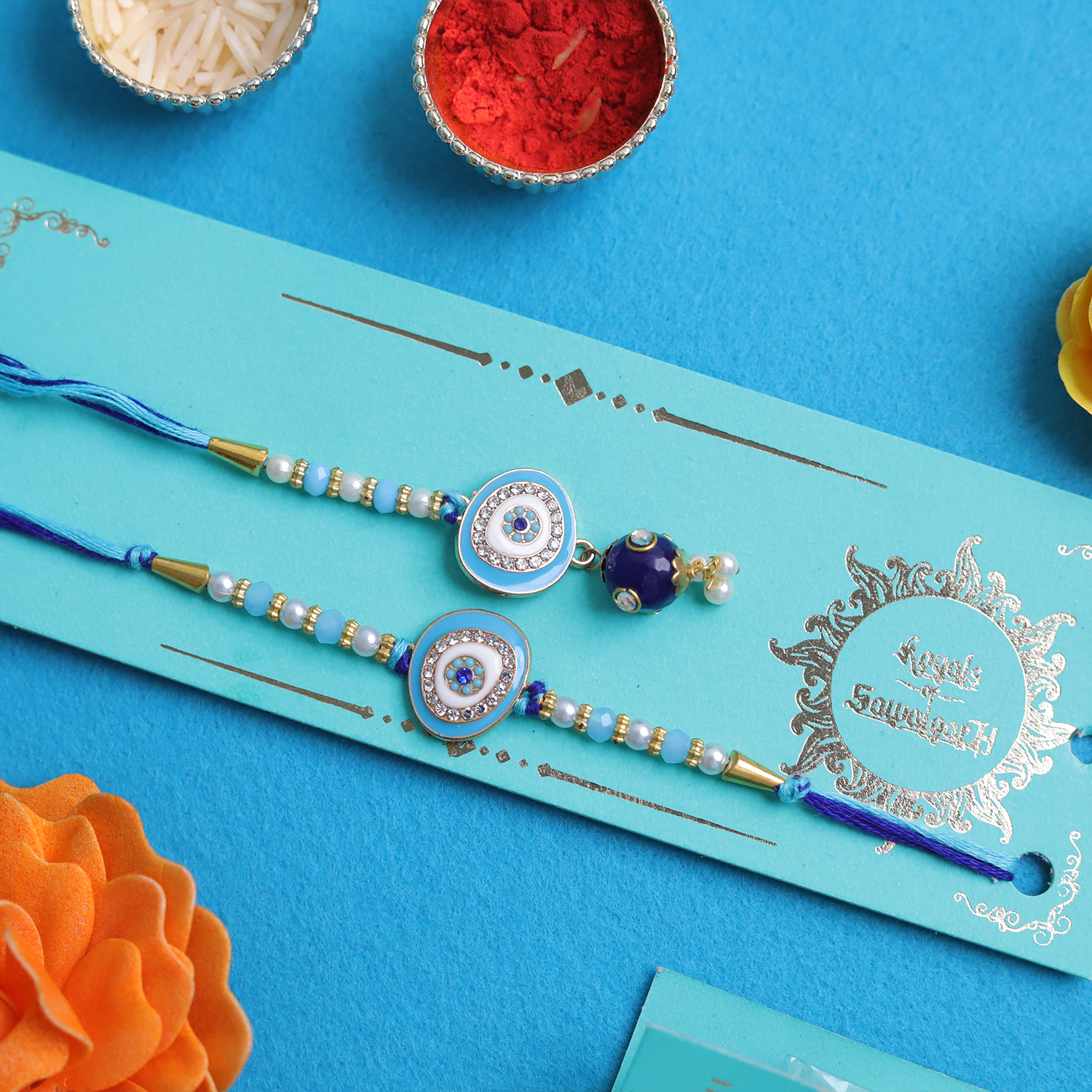 Protective Blue Evil Eye Bhaiya Bhabhi Rakhi Set – Handcrafted Couple Collection