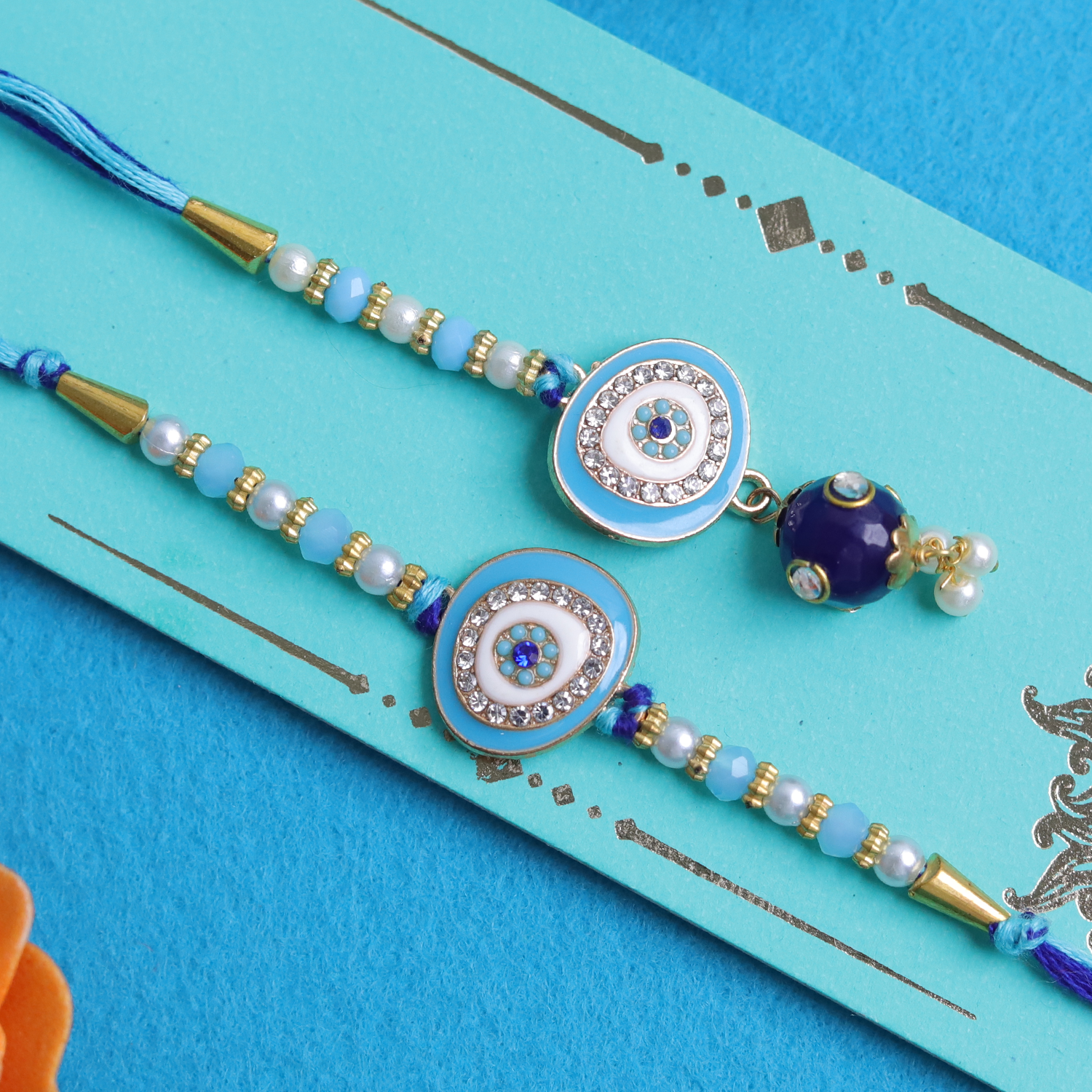 Protective Blue Evil Eye Bhaiya Bhabhi Rakhi Set – Handcrafted Couple Collection