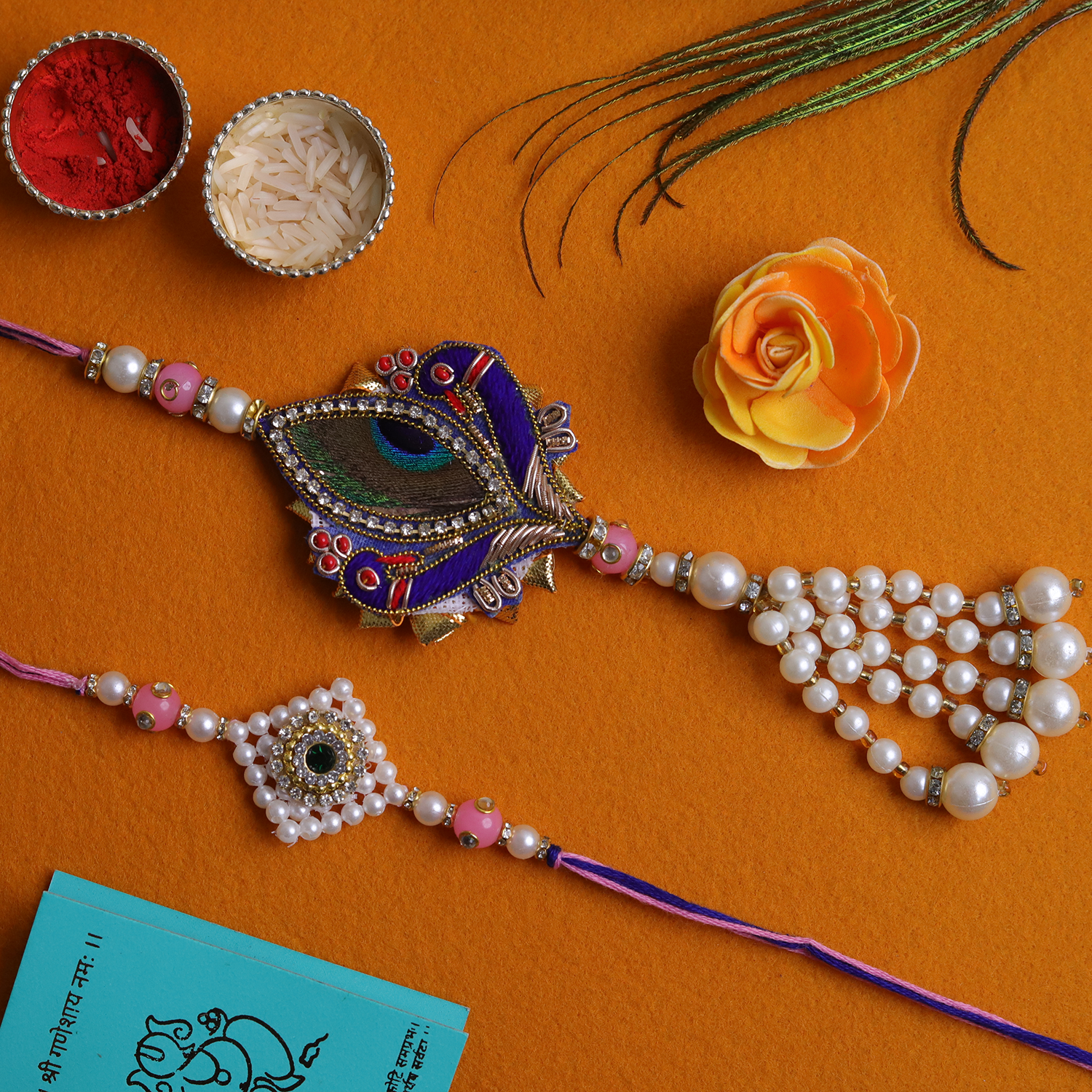 Royal Peacock Feather Bhaiya Bhabhi Rakhi Set – Handcrafted Zardosi Collection