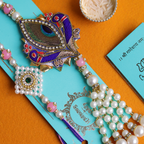 Royal Peacock Feather Bhaiya Bhabhi Rakhi Set – Handcrafted Zardosi Collection