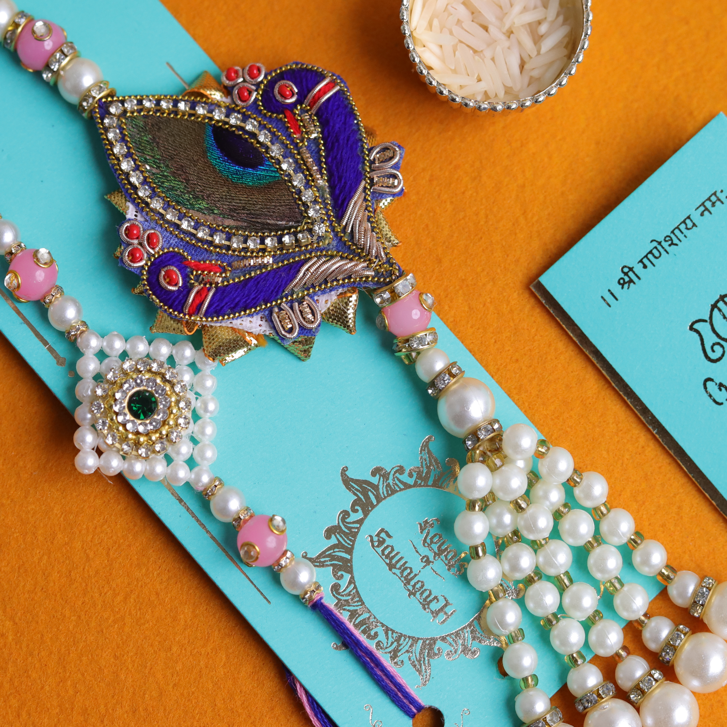 Royal Peacock Feather Bhaiya Bhabhi Rakhi Set – Handcrafted Zardosi Collection