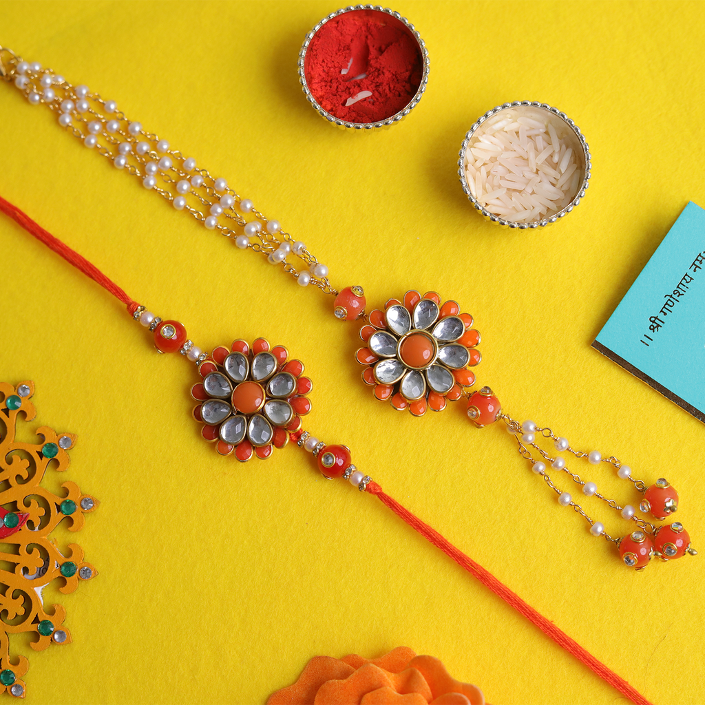 Vibrant Orange Floral Kundan Bhaiya Bhabhi Rakhi Set – Handcrafted Couple Collection